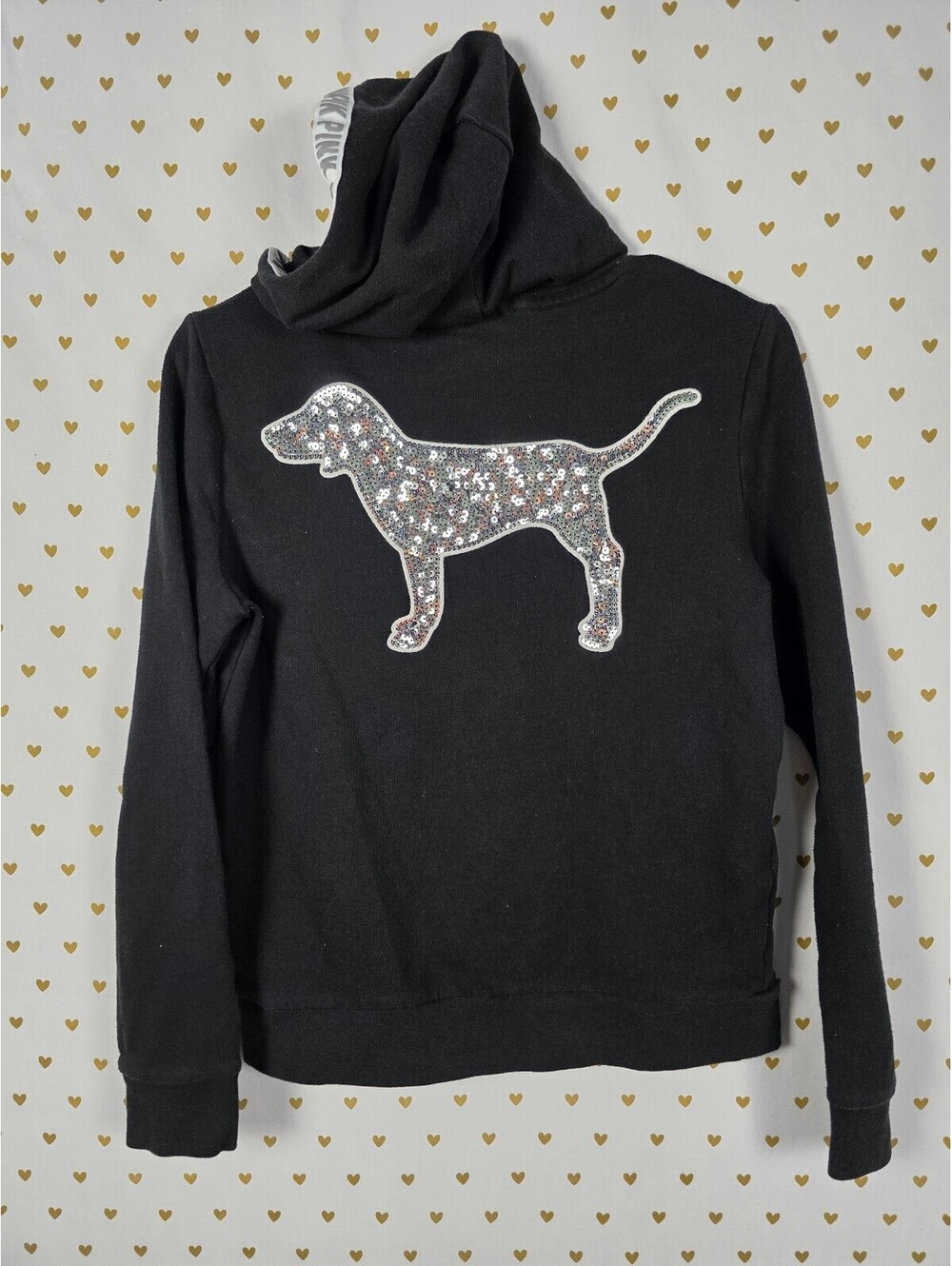Victorias Secret Pink BLING DOG Sequin Pullover Hoodie Sweater SMALL